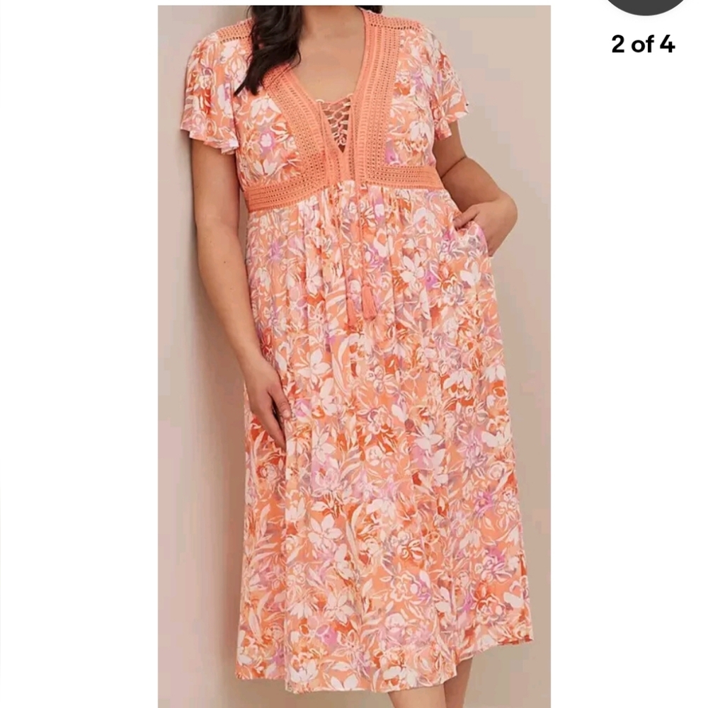 Torrid Pink Gauze Floral Crinkle Dress Sz  1 X